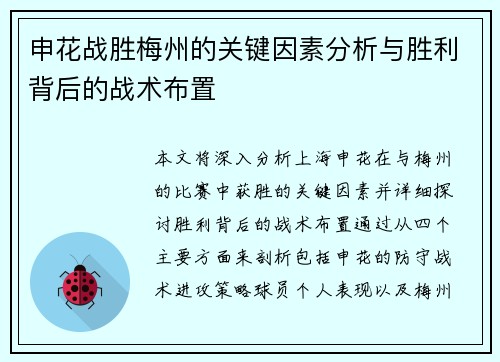 申花战胜梅州的关键因素分析与胜利背后的战术布置 申花战胜梅州的关键因素分析与胜利背后的战术布置